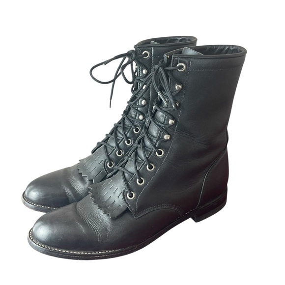 JUSTIN BLACK LEATHER LACE-UP ROPER BOOTS WOMENS SIZE 9B - Picture 1 of 6